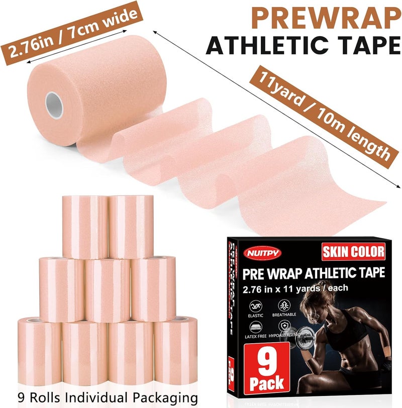 NUITPY 9 Pack Pre Wrap Athletic Tape, 2.76 Inch x 11 Yards Prewrap Tape for Hair Soccer, Pre Wrap Foam Underwrap Tape, Soccer Pre Wrap Tape, Prewrap Tape for Hair, Wrists, Hands, Ankles - Skin Color - Image 2